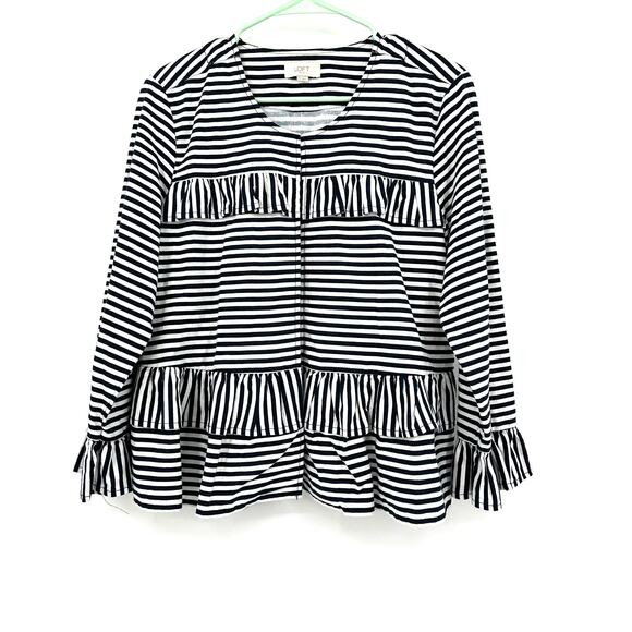 Loft Outlet Size Medium Jacket Black & White Stripe Linen Ruffles Long Sleeve - Picture 1 of 5